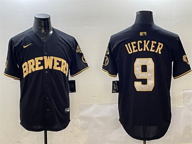 Men's Milwaukee Brewers #9 Bob Uecker Black/Gold With Home Patch Limited Stitched Baseball Jersey