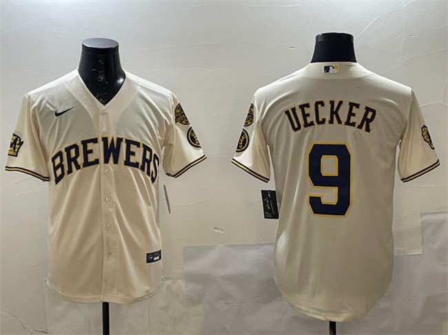 Men's Milwaukee Brewers #9 Bob Uecker Cream With Home Patch Stitched Baseball Jersey