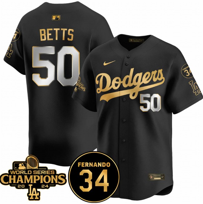 Men's Los Angeles Dodgers #50 Mookie Betts Black/Gold 2024 World Series Champions & Fernando Memorial Patch Vapor Premier Limited Stitched Baseball Jersey