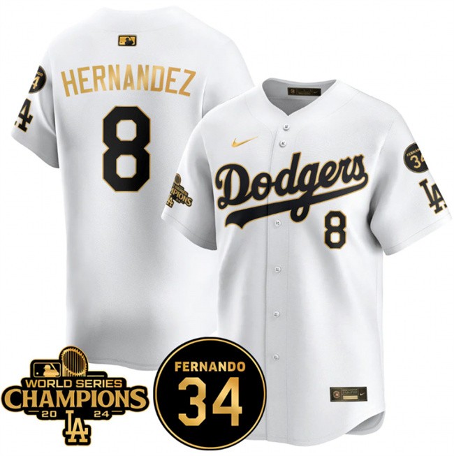 Men's Los Angeles Dodgers #8 Enrique Hernandez White/Gold 2024 World Series Champions & Fernando Memorial Patch Vapor Premier Limited Stitched Baseball Jersey