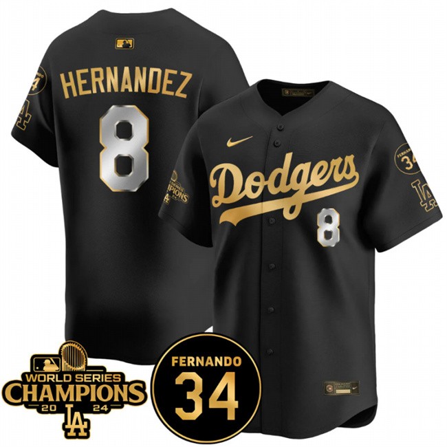 Men's Los Angeles Dodgers #8 Enrique Hernandez Black/Gold 2024 World Series Champions & Fernando Memorial Patch Vapor Premier Limited Stitched Baseball Jersey