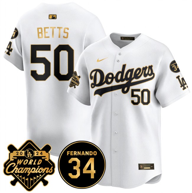 Men's Los Angeles Dodgers #50 Mookie Betts White/Gold 2024 World Champions & Fernando Memorial Patch Vapor Premier Limited Stitched Baseball Jersey