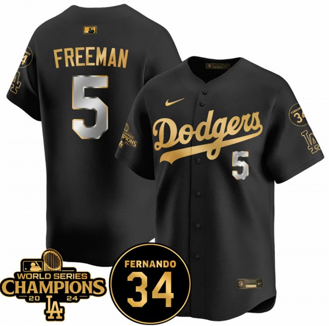 Men's Los Angeles Dodgers #5 Freddie Freeman Black/Gold 2024 World Series Champions & Fernando Memorial Patch Vapor Premier Limited Stitched Baseball Jersey