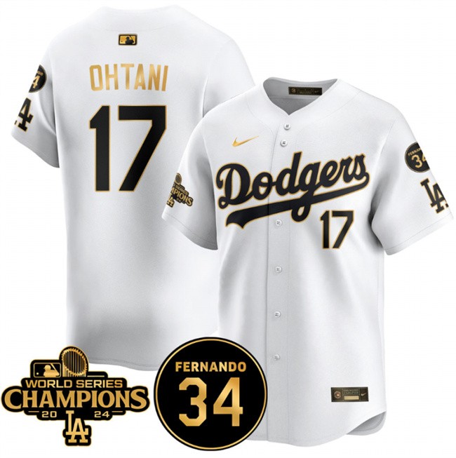 Men's Los Angeles Dodgers #17 Shohei Ohtani White/Gold 2024 World Series Champions & Fernando Memorial Patch Vapor Premier Limited Stitched Baseball Jersey