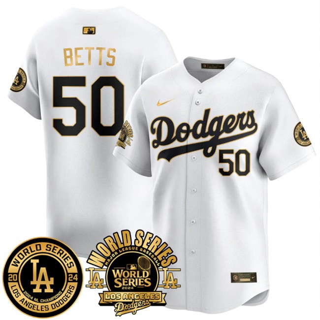 Men's Los Angeles Dodgers #50 Mookie Betts White/Gold 2024 World Series Patch Vapor Premier Limited Stitched Baseball Jersey