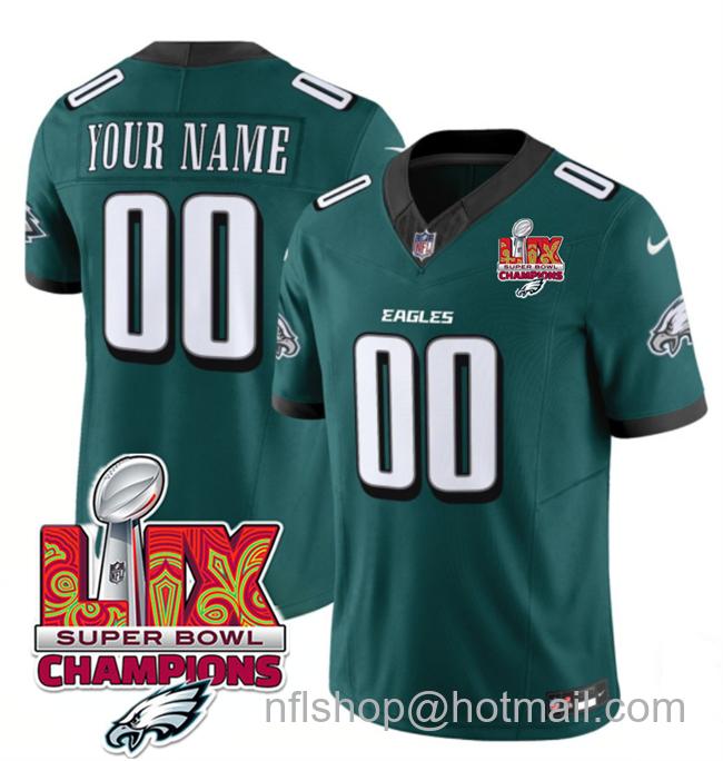 Men's Philadelphia Eagles Active Player Custom Green 2025 Eagles Logo Super Bowl LIX Champions Patch New F.U.S.E. Vapor Limited Stitched Football Jersey