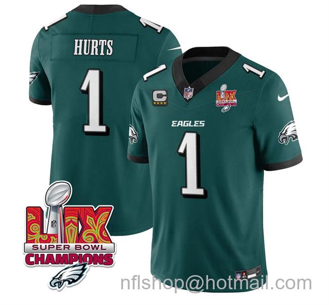 Men's Philadelphia Eagles #1 Jalen Hurts Green 2025 Eagles Logo Super Bowl LIX Champions Patch With 4-Star C Patch New F.U.S.E. Vapor Untouchable Limited Stitched Football Jersey