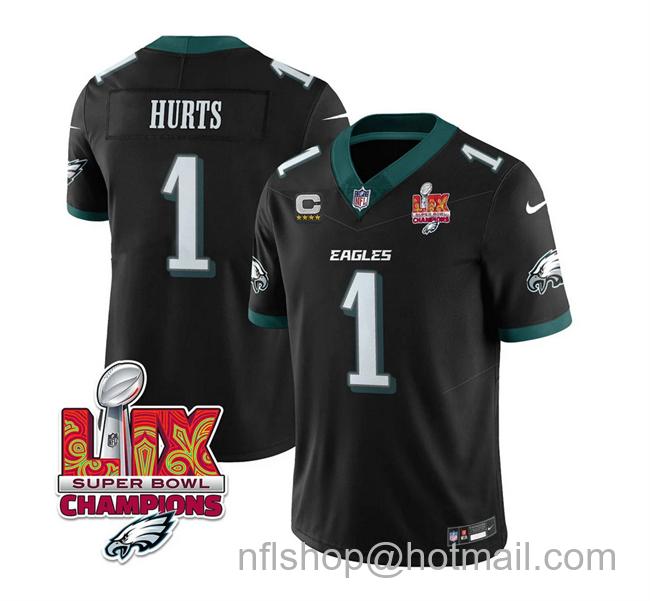 Men's Philadelphia Eagles #1 Jalen Hurts Black 2025 Eagles Logo Super Bowl LIX Champions Patch And 4-Star C Patch New F.U.S.E. Vapor Untouchable Limited Stitched Football Jersey