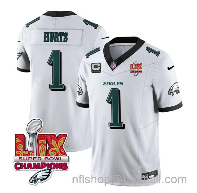 Men's Philadelphia Eagles #1 Jalen Hurts White 2025 Eagles Logo Super Bowl LIX Champions Patch And 4-Star C Patch New F.U.S.E. Vapor Untouchable Limited Stitched Football Jersey