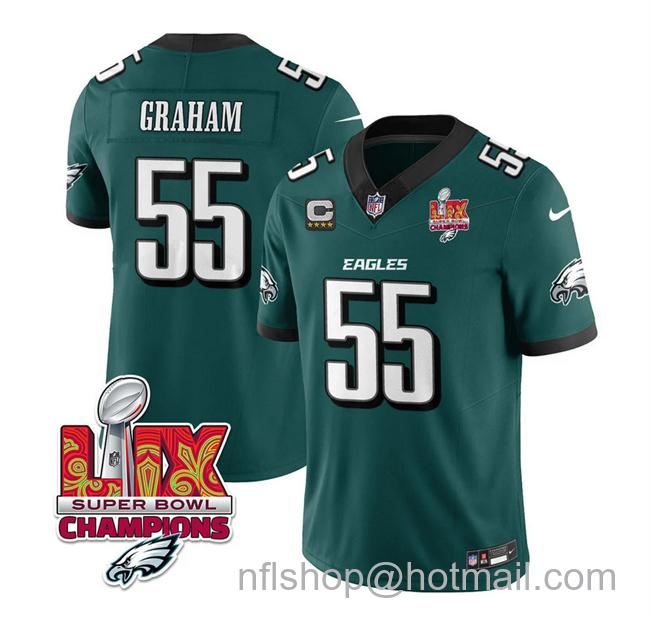 Men's Philadelphia Eagles #55 Brandon Graham Green 2025 Eagles Logo Super Bowl LIX Champions Patch And 4-Star C Patch New F.U.S.E. Vapor Limited Stitched Football Jersey