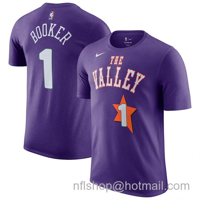 Men's Phoenix Suns #1 Devin Booker Purple 2024-25 City Edition Name & Number T-Shirt