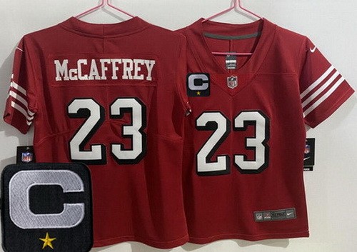 Women's San Francisco 49ers #23 Christian McCaffrey Limited Red Throwback C Patch Vapor Jersey