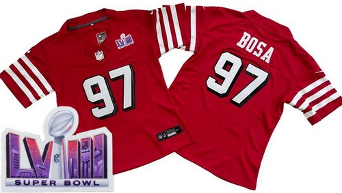 Women's San Francisco 49ers #97 Nick Bosa Limited Red Throwback LVIII Super Bowl FUSE Vapor Jersey