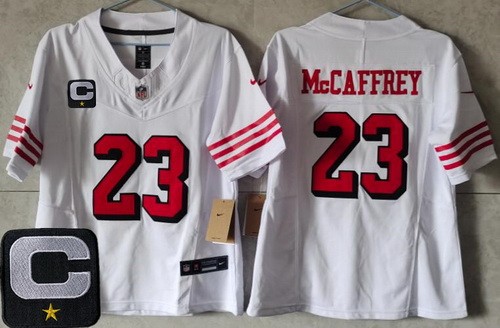 Women's San Francisco 49ers #23 Christian McCaffrey Limited White Throwback C Patch FUSE Vapor Jersey