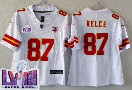 Women's Kansas City Chiefs #87 Travis Kelce Limited White LVIII Super Bowl FUSE Vapor Jersey