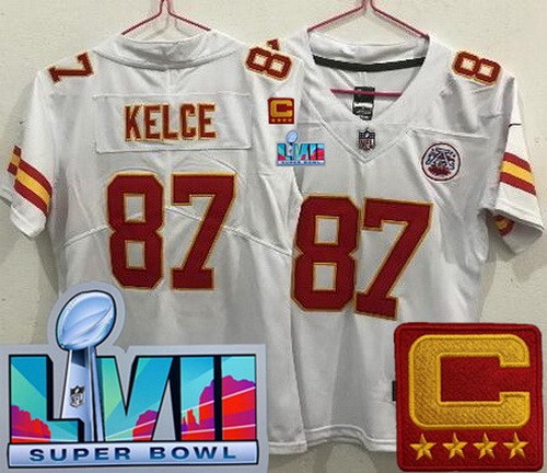 Women's Kansas City Chiefs #87 Travis Kelce Limited White C Patch Super Bowl LVII Vapor Jersey