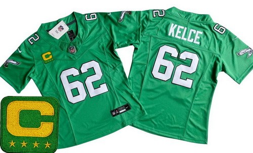 Women's Philadelphia Eagles #62 Jason Kelce Limited Kelly Green C Patch FUSE Vapor Jersey