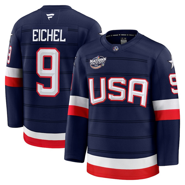 Men's USA #9 Jack Eichel Navy 2025 4 Nations Face-Off Stitched Jersey