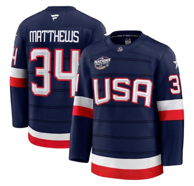 Men's USA #34 Auston Matthews Navy 2025 4 Nations Face-Off Stitched Jersey