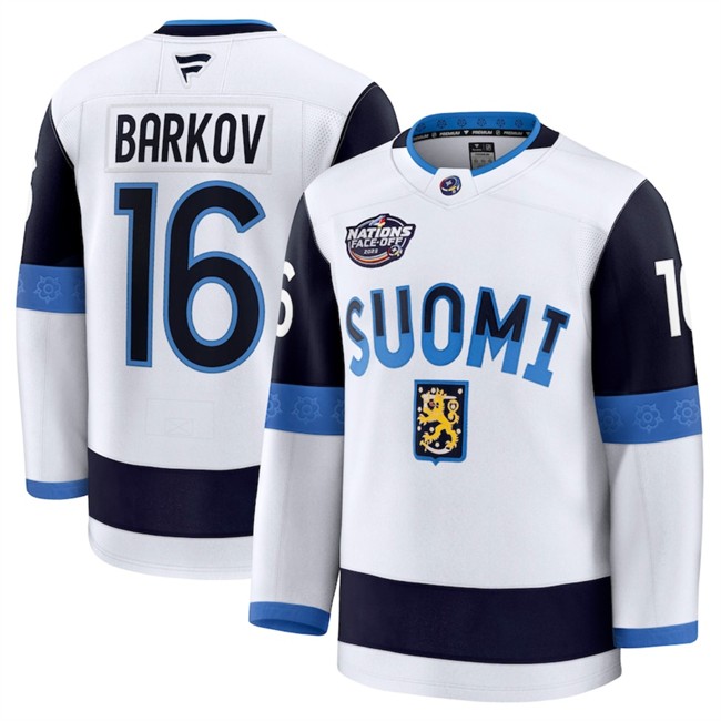 Men's Finland #16 Aleksander Barkov White 2025 4 Nations Face-Off Premium Stitched Jersey