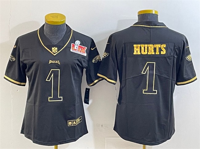 Youth Philadelphia Eagles #1 Jalen Hurts Black_Gold 2025 Super Bowl LIX Patch Salute To Service Vapor Untouchable Limited Stitched Football Jersey