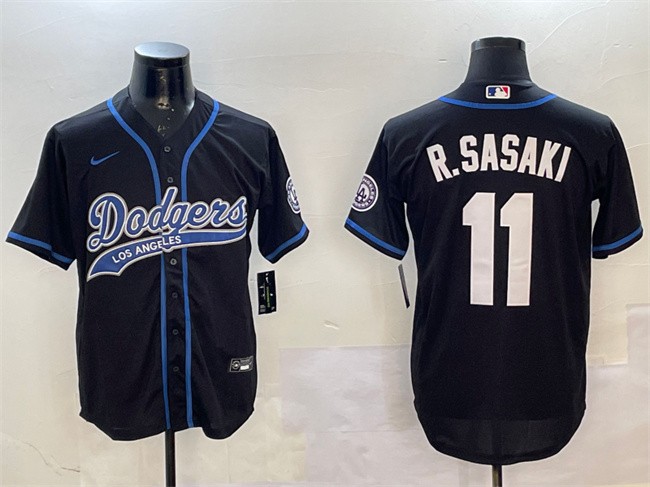 Men's Los Angeles Dodgers #11 Roki Sasaki Black With Patch Cool Base Stitched Baseball Jersey