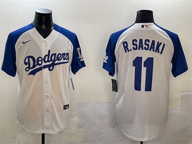 Men's Los Angeles Dodgers #11 Roki Sasaki White_Blue Cool Base Stitched Baseball Jersey