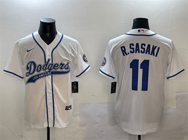 Men's Los Angeles Dodgers #11 Roki Sasaki White With Patch Cool Base Stitched Baseball Jersey