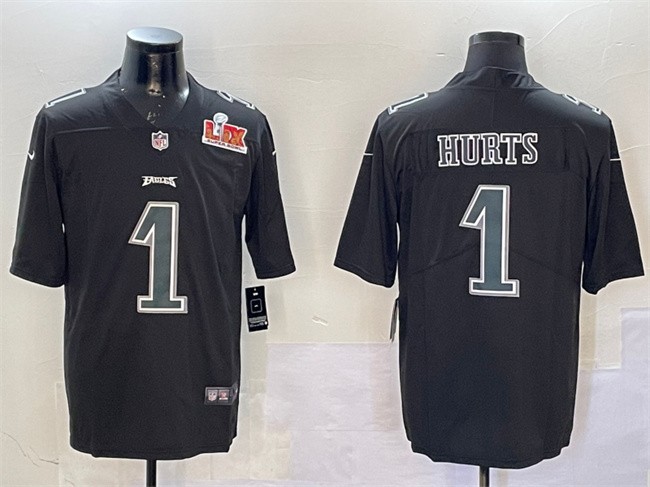 Men's Philadelphia Eagles #1 Jalen Hurts Black 2025 Super Bowl LIX Patch Fashion Vapor Untouchable Limited Stitched Football Jersey