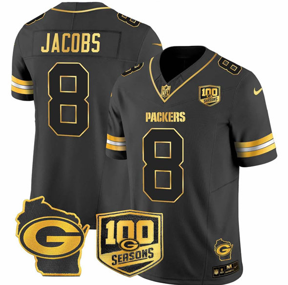 Men's Green Bay Packers #8 Josh Jacobs #8 Josh Jacobs Black Gold F.U.S.E.100 seasons With Home Patch Limited Stitched Football Jersey