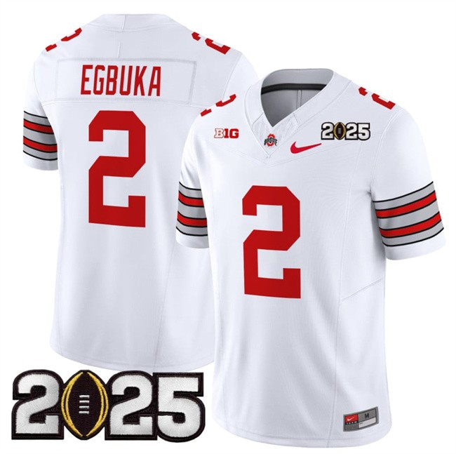 Women's Ohio State Buckeyes #2 Emeka Egbuka White 2025 CFP Final Patch F.U.S.E. Vapor Limited Stitched Football Jersey(Run Small)