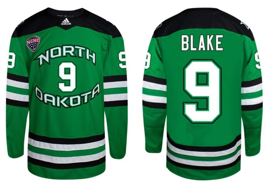 Men's North Dakota Fighting Hawks #9 Jackson Blake Green Stitched Hockey Jersey