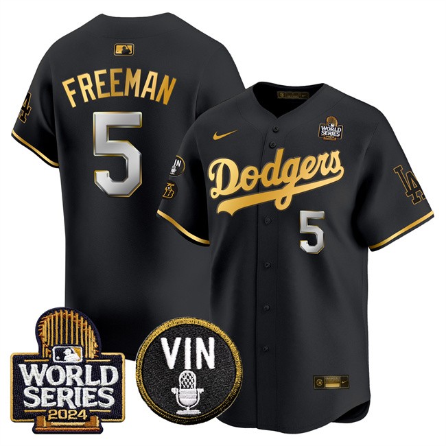 Men's Los Angeles Dodgers #5 Freddie Freeman Black_Gold 2024 World Series With Vin & Kobe Patch Limited Stitched Baseball Jersey