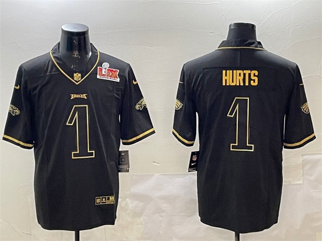 Men's Philadelphia Eagles #1 Jalen Hurts Black Gold 2025 Super Bowl LIX Patch Salute To Service Vapor Untouchable Limited Stitched Football Jersey