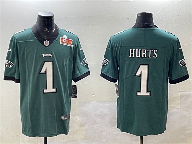 Men's Philadelphia Eagles #1 Jalen Hurts Green 2025 Super Bowl LIX Patch Vapor Untouchable Limited Stitched Football Jersey