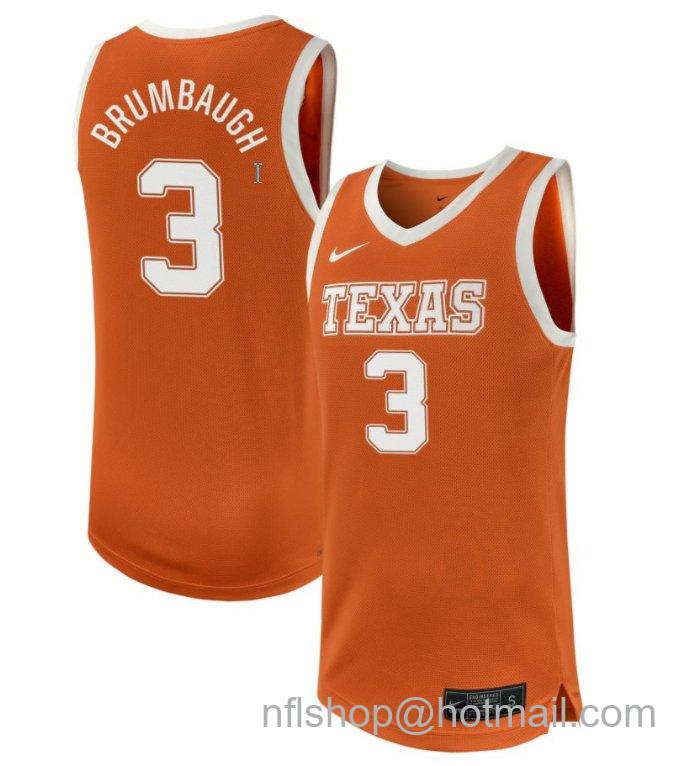 Men's Texas Longhorns Rowan Brumbaugh #3 NIL Basketball Texas Orange Stitched Jersey