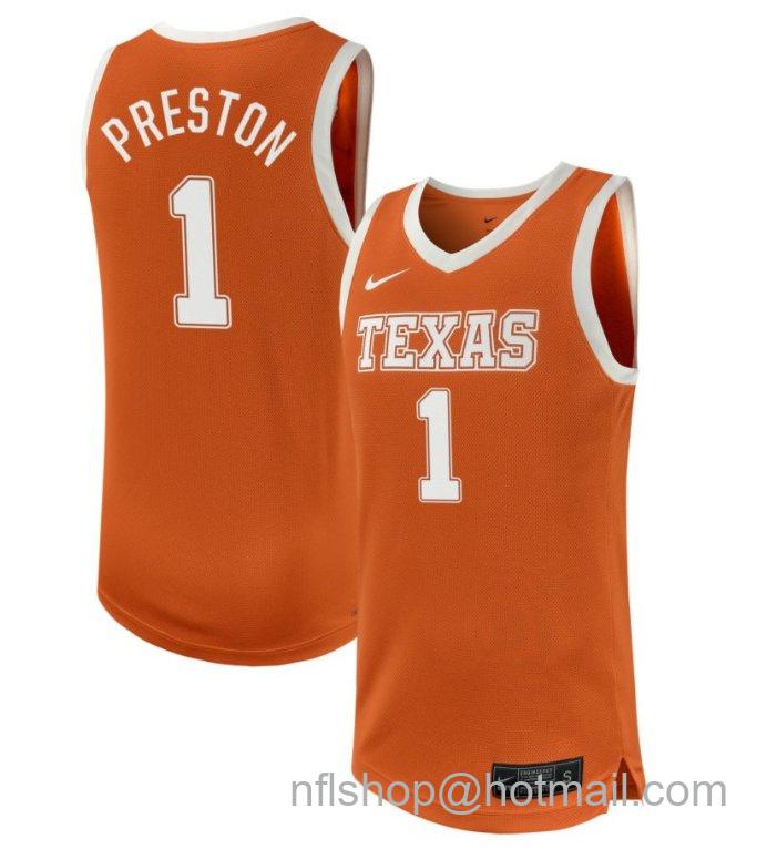 Men's Texas Longhorns Bryanna Preston #1 NIL Basketball Texas Orange Stitched Jersey