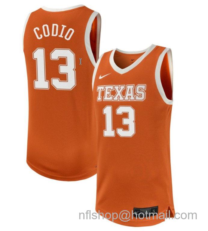 Men's Texas Longhorns Jordana Codio #13 NIL Basketball Texas Orange Stitched Jersey