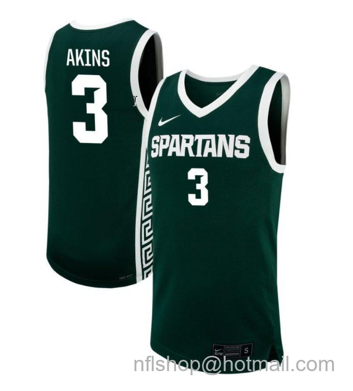 Men's Michigan State Spartans Jaden Akins #3 NIL Basketball Green Stitched Jersey