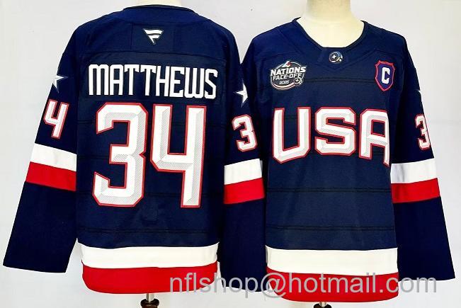 Men's USA #34 Auston Matthews Navy 2025 With C Patch 4 Nations Face-Off Stitched Jersey