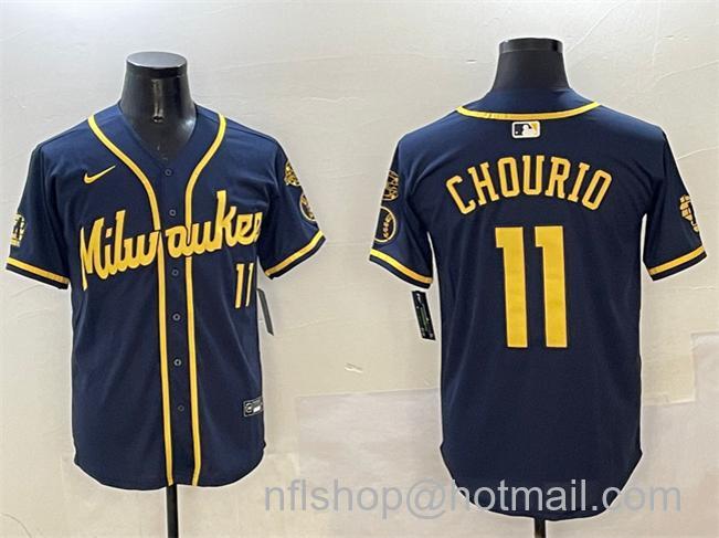 Men's Milwaukee Brewers #11 Jackson Chourio Navy With Home Patch Limited Stitched Baseball Jersey