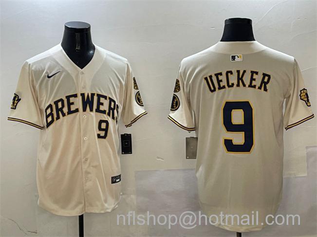 Men's Milwaukee Brewers #9 Bob Uecker Cream With Home Patch Limited Stitched Baseball Jersey