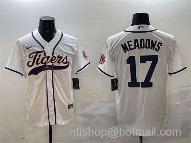 Men's Detroit Tigers #17 Parker Meadows White With Patch Cool Base Stitched Baseball Jersey