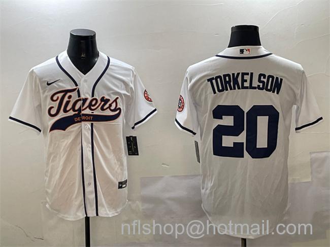 Men's Detroit Tigers #20 Spencer Torkelson White With Patch Cool Base Stitched Baseball Jersey