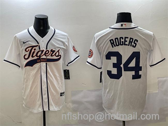 Men's Detroit Tigers #34 Jake Rogers White With Patch Cool Base Stitched Baseball Jersey