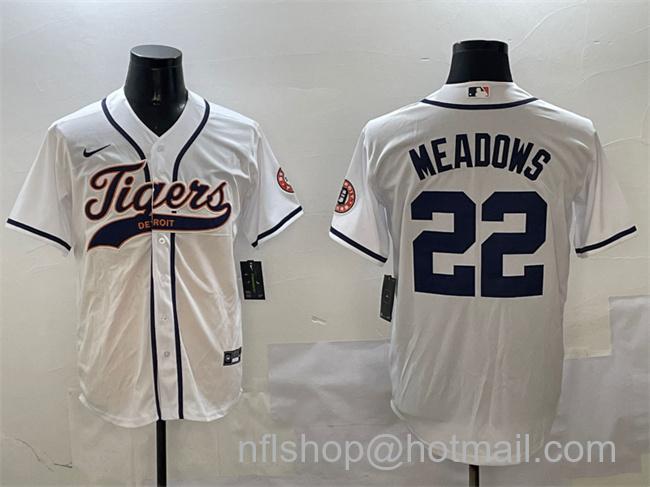 Men's Detroit Tigers #22 Parker Meadows White With Patch Cool Base Stitched Baseball Jersey