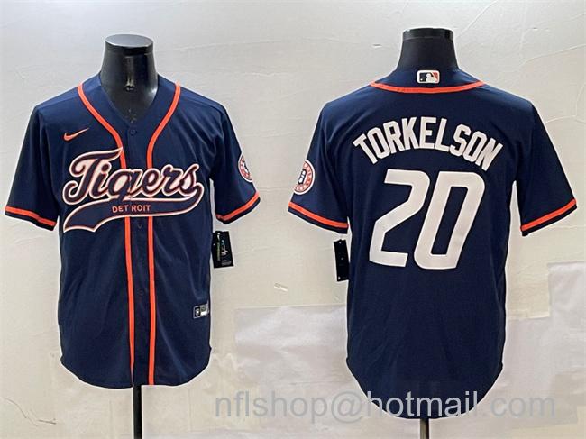 Men's Detroit Tigers #20 Spencer Torkelson Navy With Patch Cool Base Stitched Baseball Jersey