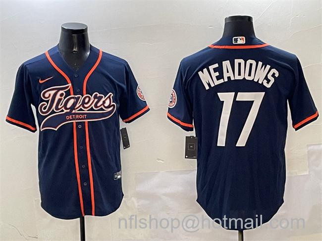 Men's Detroit Tigers #17 Parker Meadows Navy With Patch Cool Base Stitched Baseball Jersey