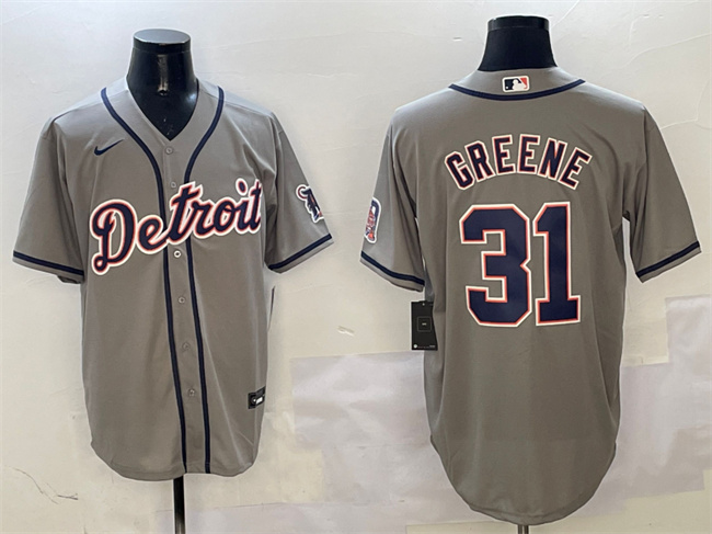 Men's Detroit Tigers #31 Riley Greene Grey With Patch Cool Base Stitched Baseball Jersey