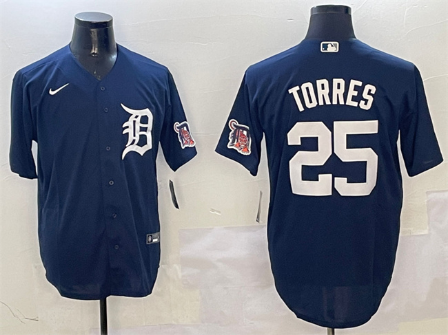 Men's Detroit Tigers #25 Gleyber Torres Navy With Patch Cool Base Stitched Baseball Jersey